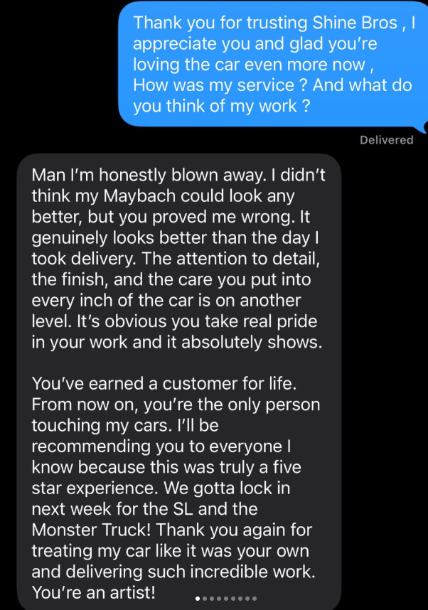 Text message testimonial from a Maybach S580 owner after their Shine Bros detail